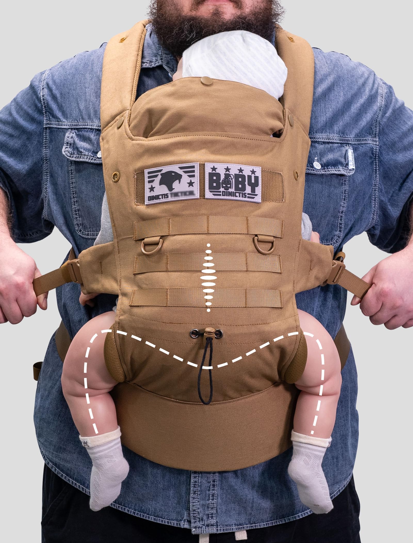 DINICTIS TACTICAL with X-shaped back design distributes weight for parent comfort.