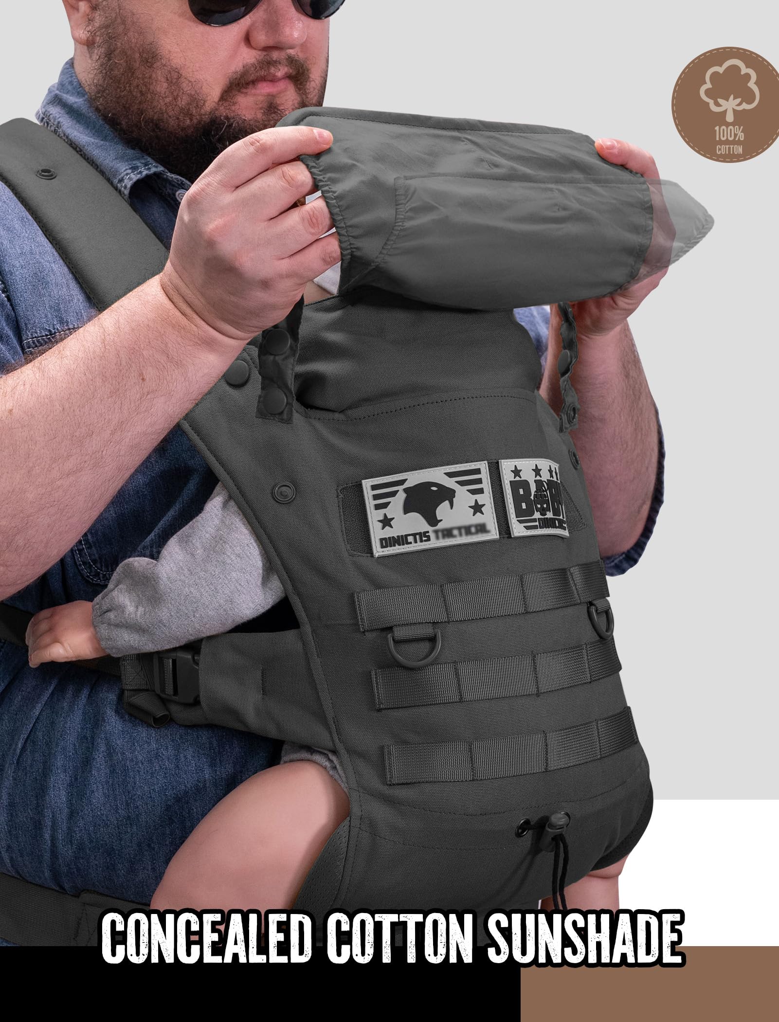 Dinictis Tactical waist-strap adjustment ensures a snug fit for varied parents.