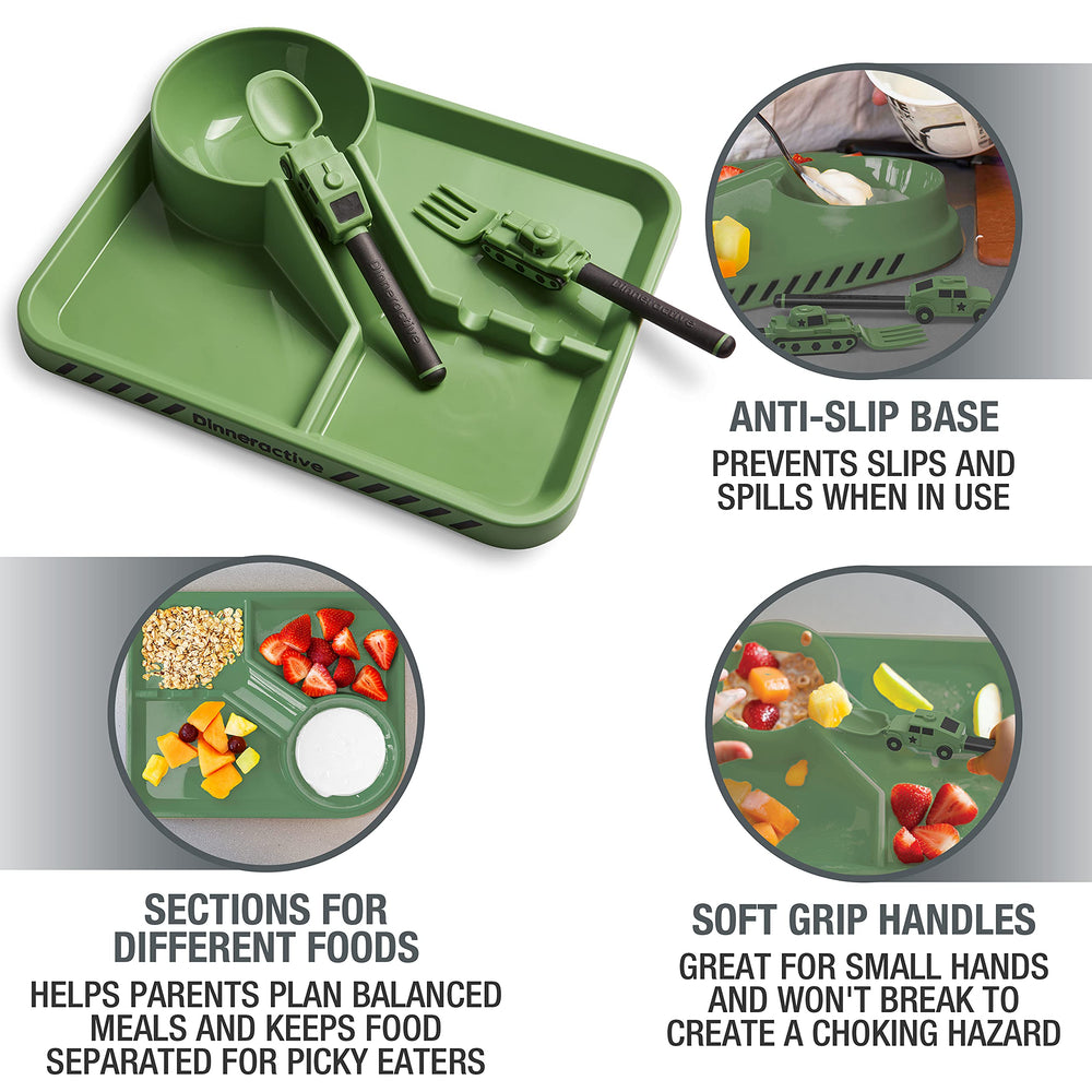 Dinneractive army truck spoon features soft grip for small hands and safe handling.