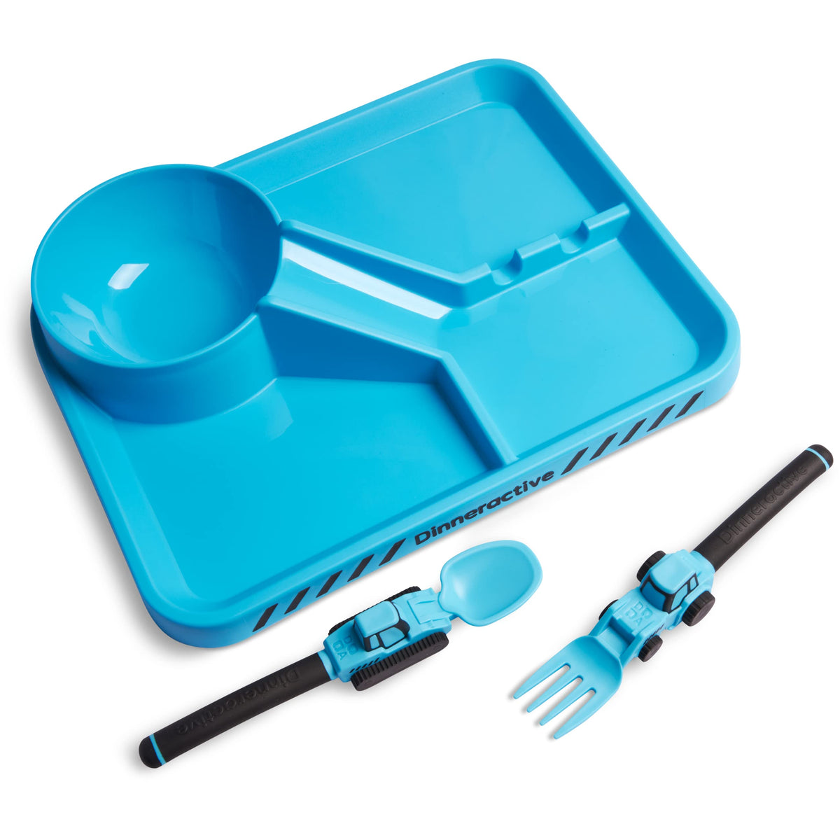 Dinneractive construction plate divided with four zones for easy portion control and kid-friendly meals.