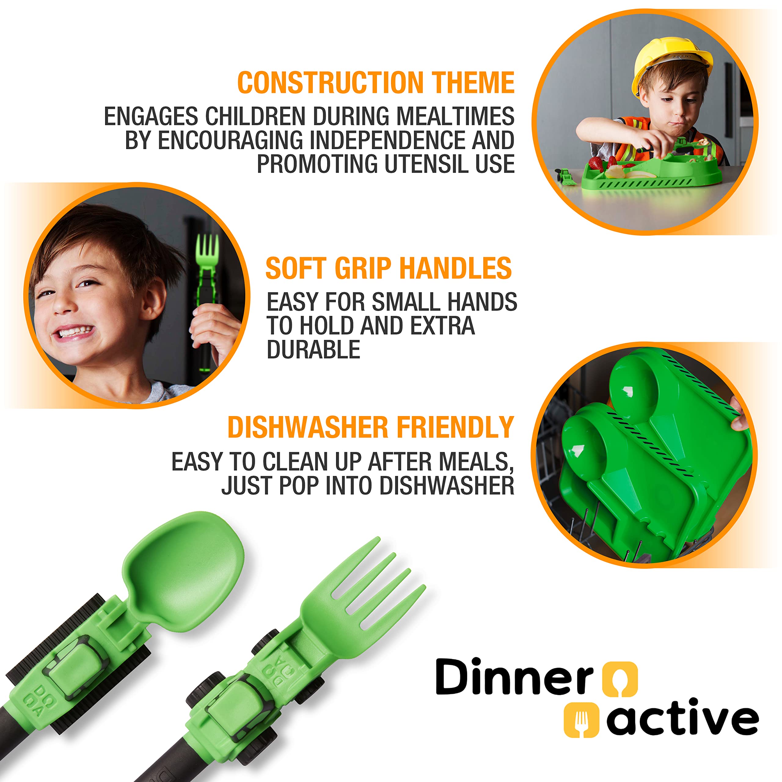 Dinneractive Construction Utensil Set shown together for playful dining.