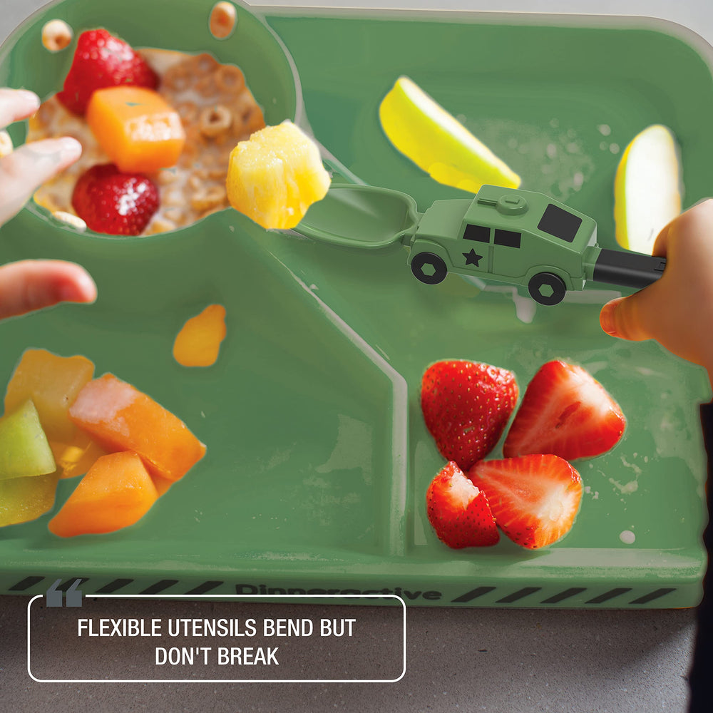 Dinneractive dishwasher-safe dining set cleans quickly and stacks neatly.