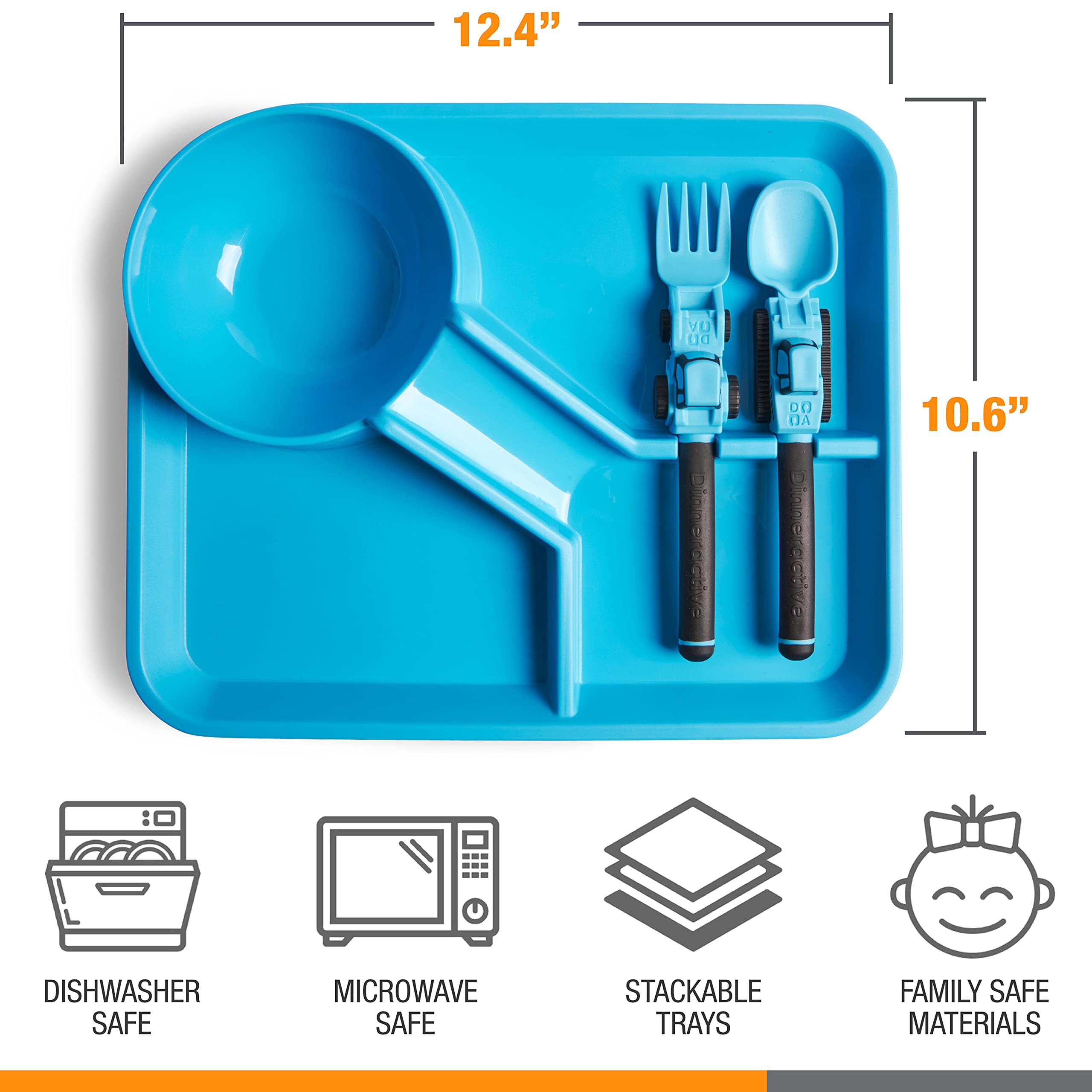 Dinneractive dishwasher-safe set for easy cleaning and quick storage.