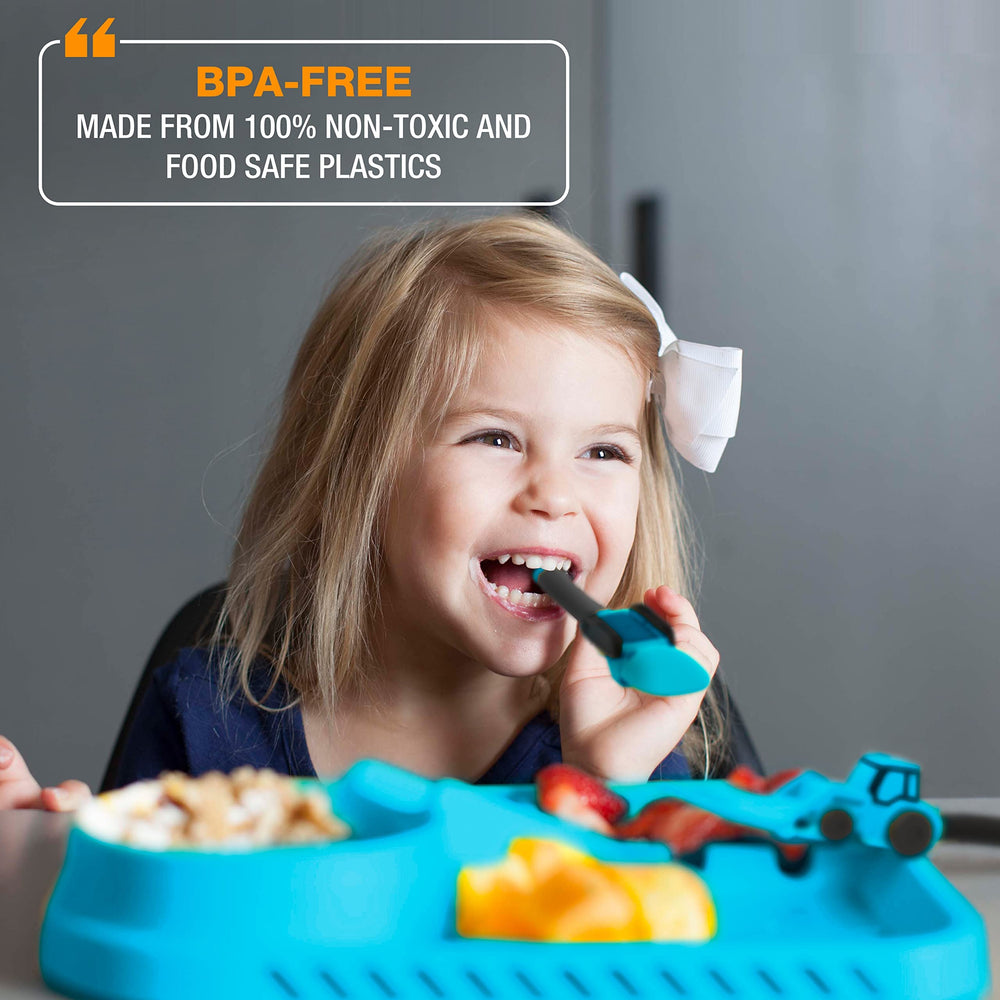 Dinneractive divided blue plate keeps meals visually organized for kids.