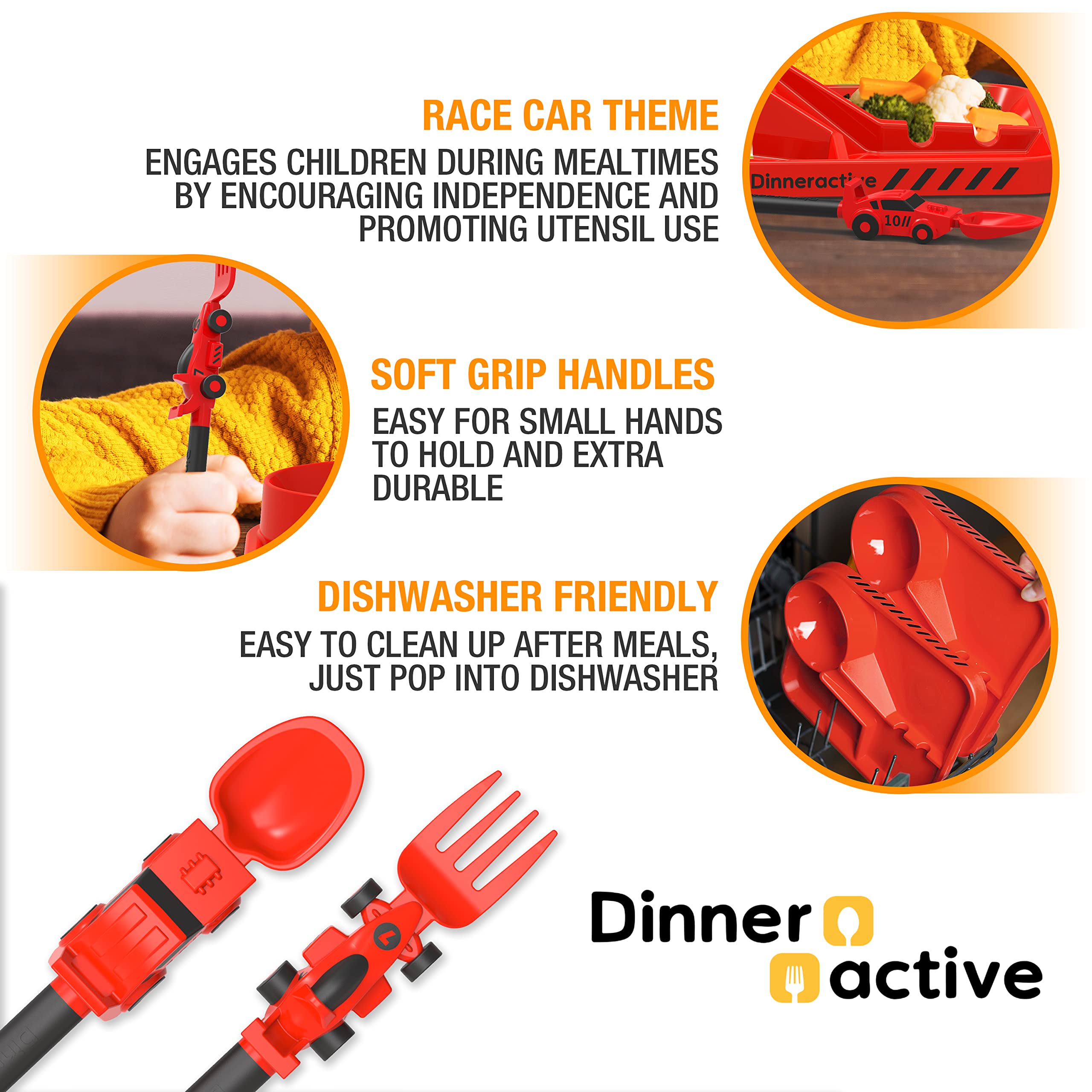 Dinneractive race-car utensils with soft handles designed for durability.
