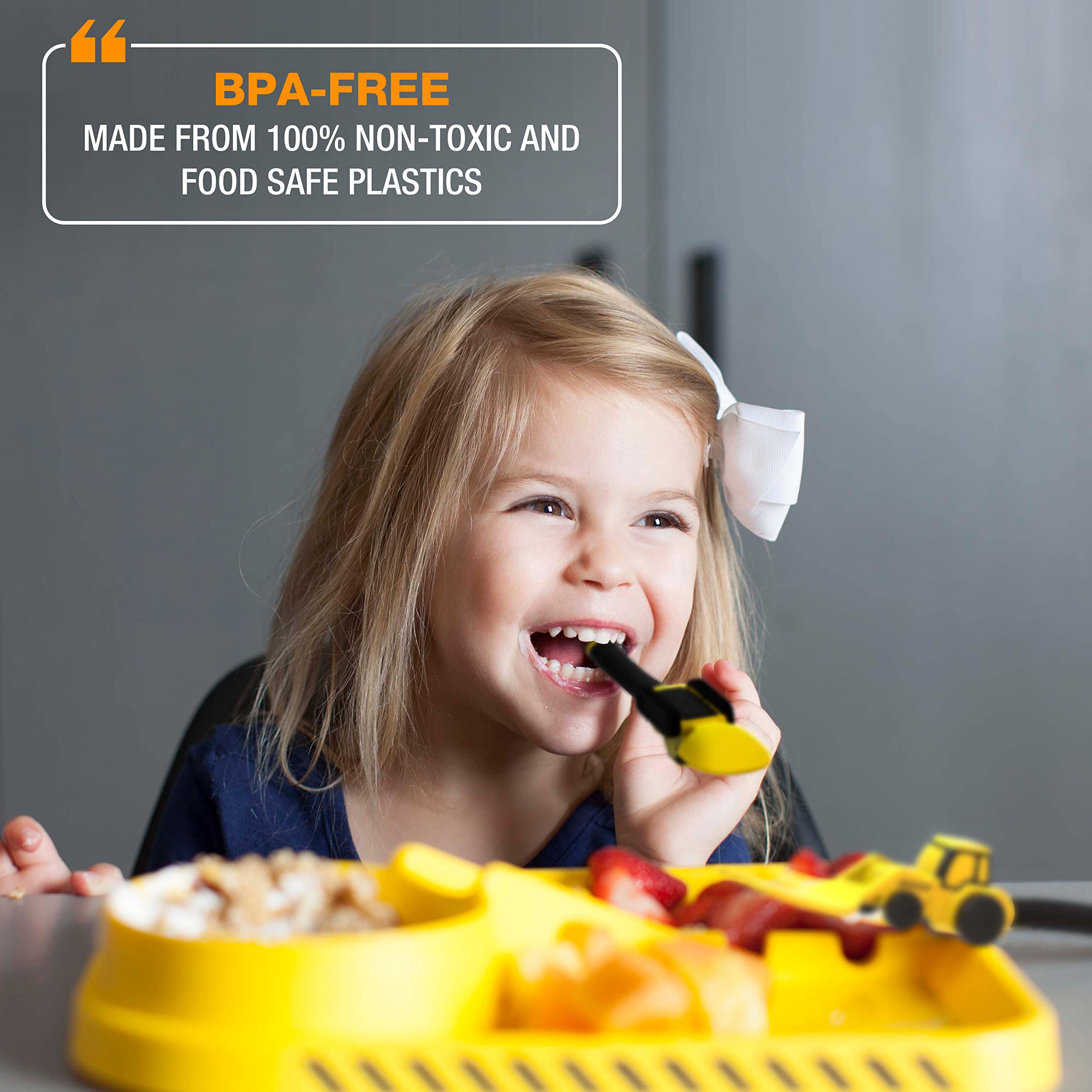 Dinneractive soft-grip handles fit small hands for safe handling.