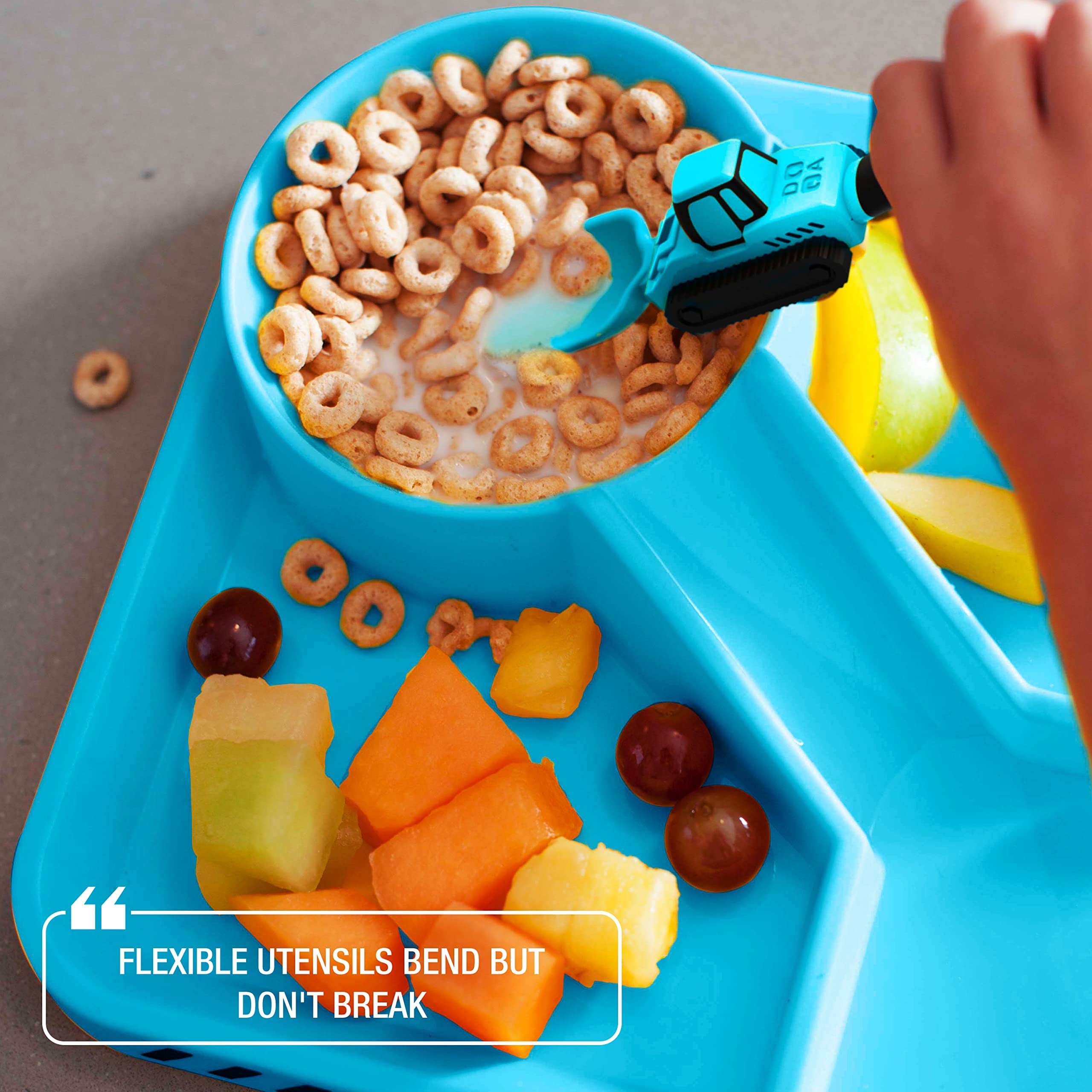 Dinneractive toddler utensils blue set promotes grip and independent eating.