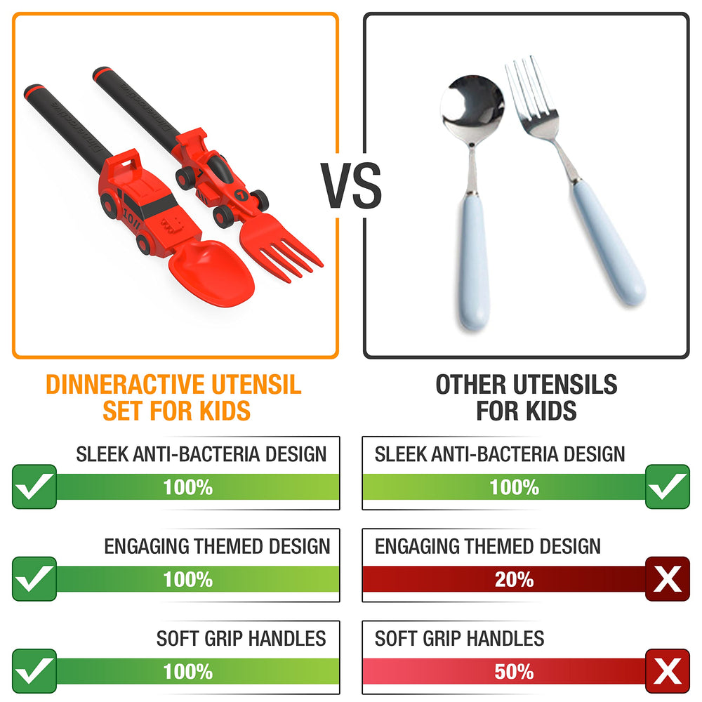 Dinneractive red race car spoon — soft grip for tiny hands.