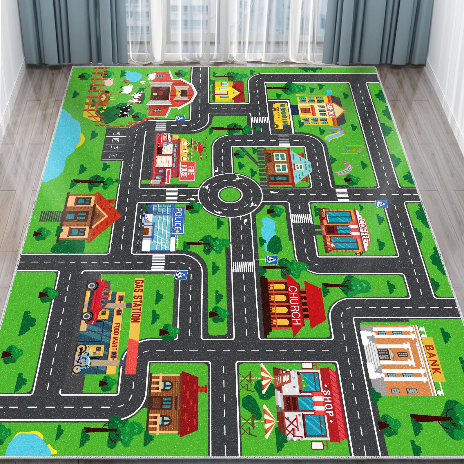 DINSUMRUG kids car rug top view for spacious imaginative play.