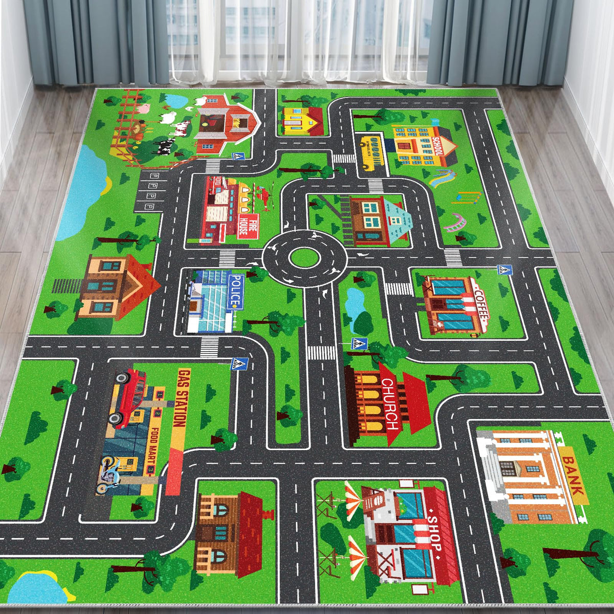 DINSUMRUG kids car rug top view for spacious imaginative play.