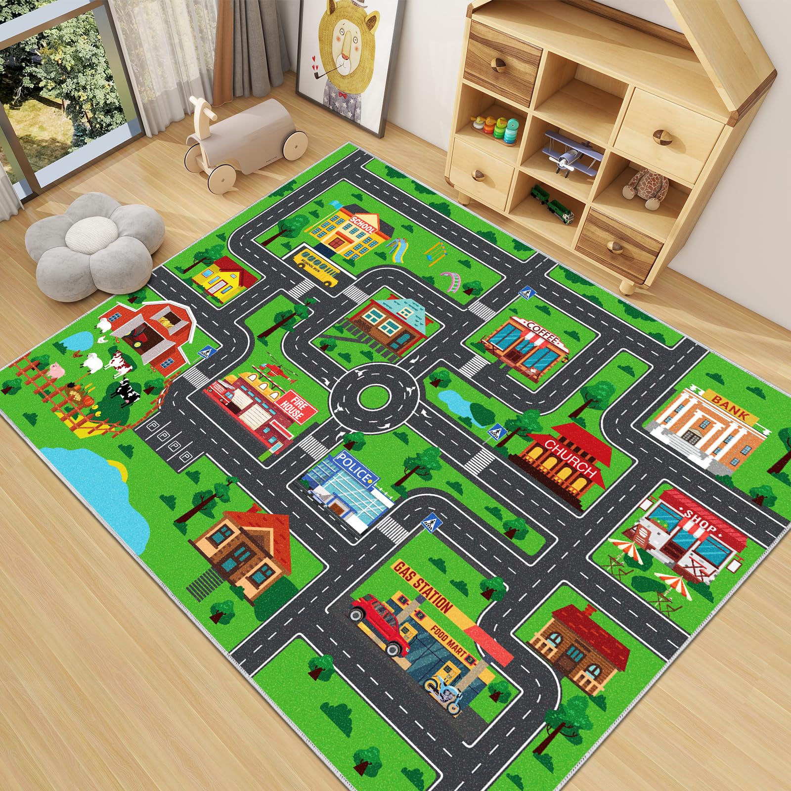 DINSUMRUG large play area setup shows classroom-friendly size.