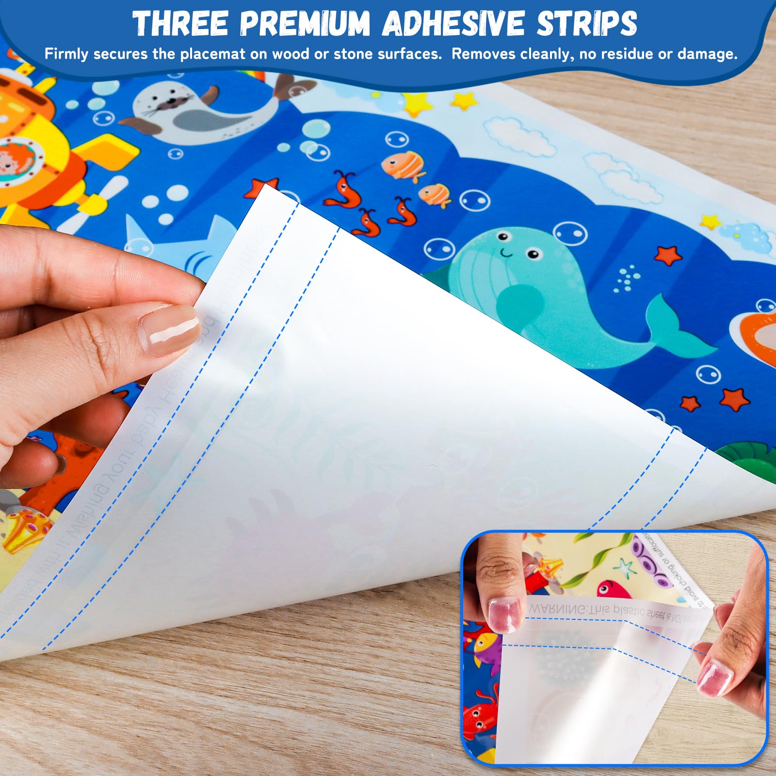 DINSUMRUG mats adhere to wood, glass, or plastic tables securely.