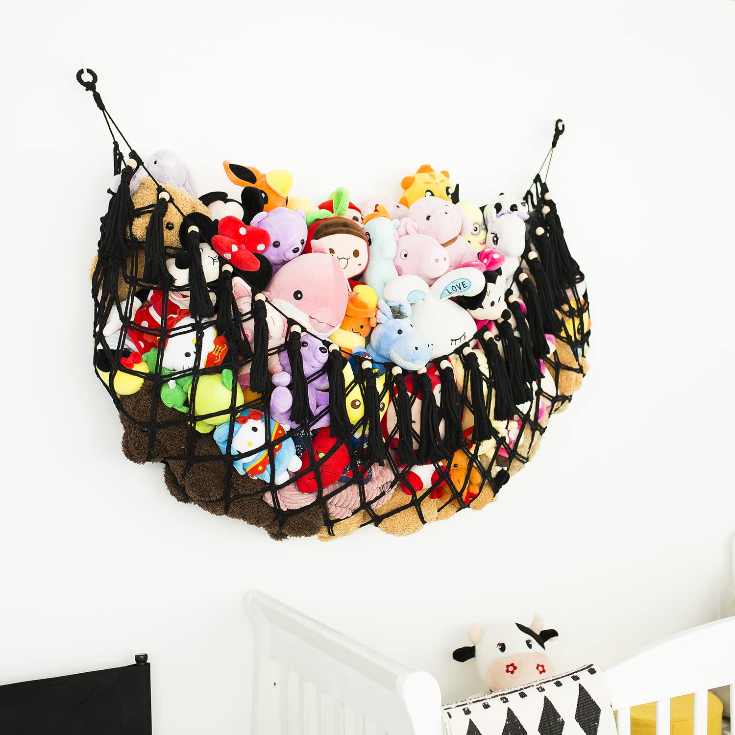 Diocos boho nursery organizer hammock adds charming decor while keeping plushies tidy.