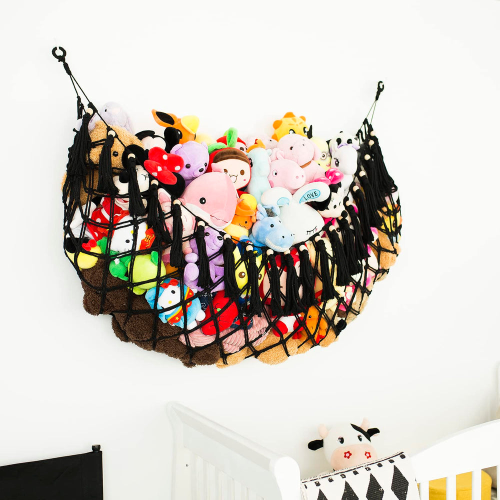 Diocos boho nursery organizer hammock adds charming decor while keeping plushies tidy.