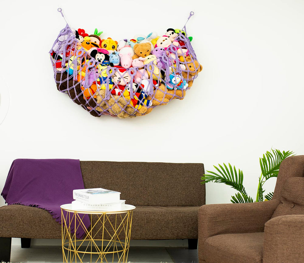 Diocos macrame toy hammock tassels add boho charm while displaying plush collection.