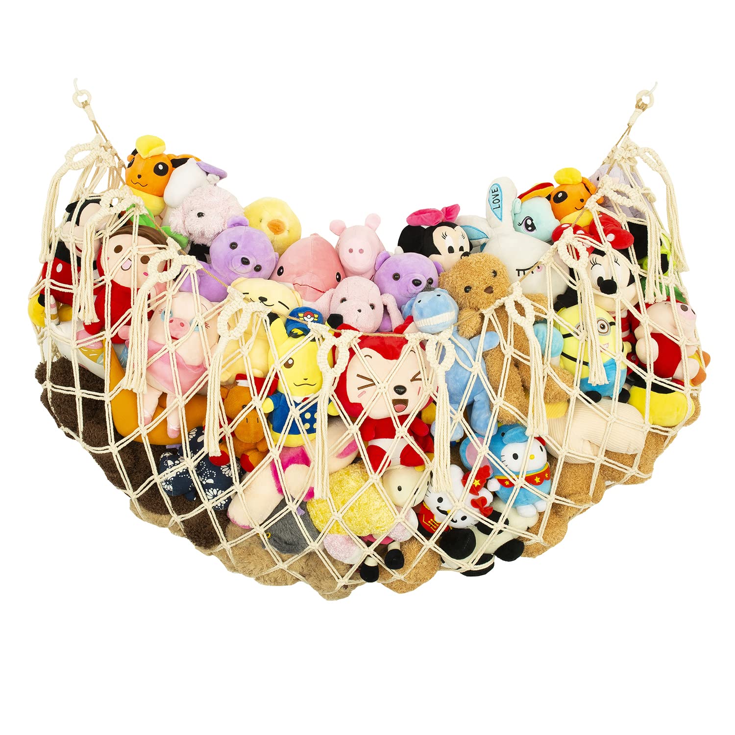 Diocos stuffed animal net on flat wall for space-saving toy storage.