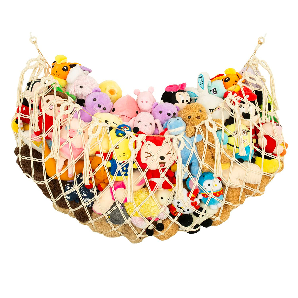 Diocos stuffed animal net on flat wall for space-saving toy storage.