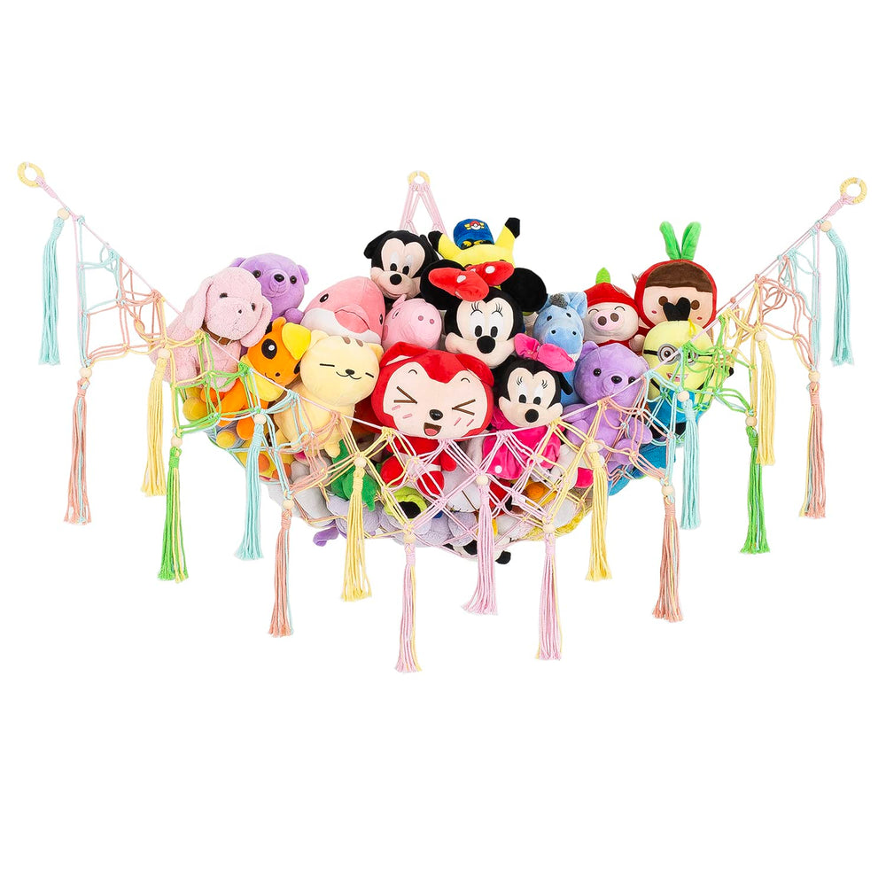Diocos Toy Hammock Macrame Fringe showcases plush displays and space saving in kids' rooms.