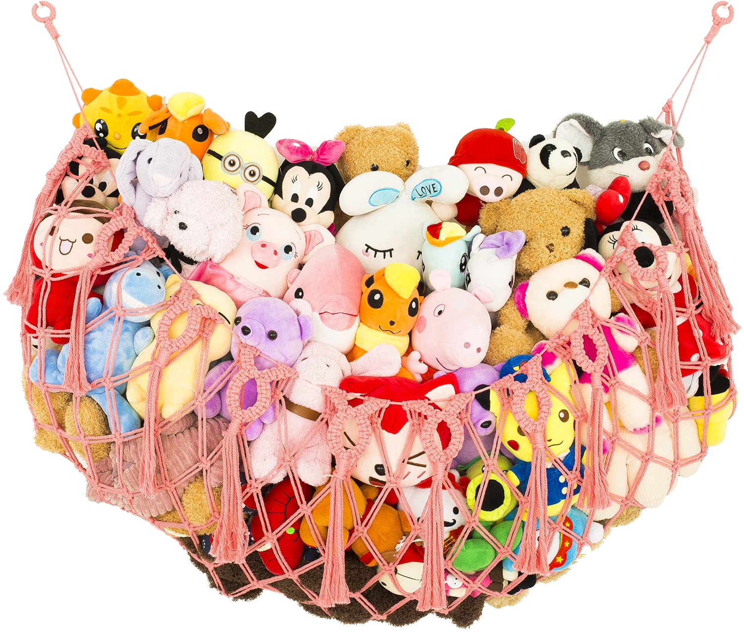 Diocos wall-mounted macrame toy hammock pink for organized plush display.