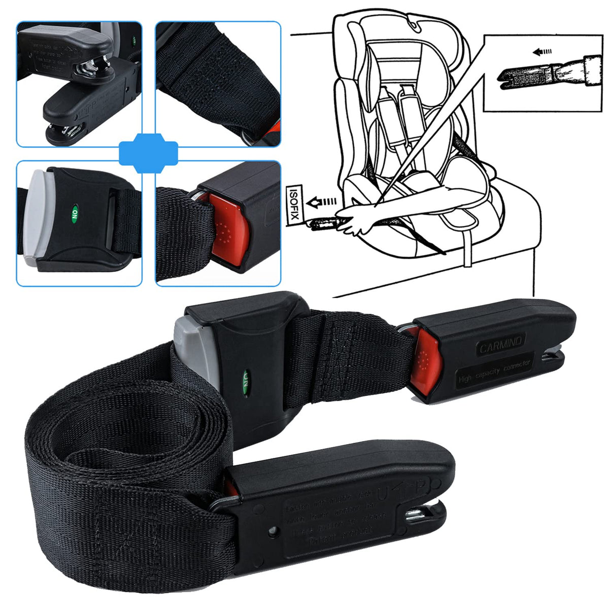 DIRAWOR straps with ISOFIX connector for secure child seat installation.