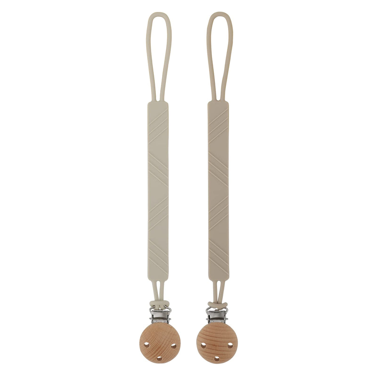 Dirbabi silicone pacifier clip holder in sand color keeps pacifier clean and close.