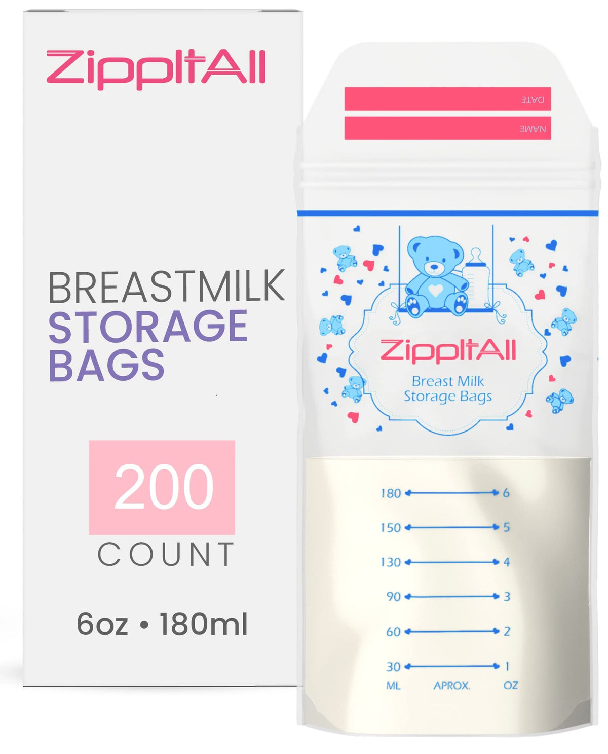 DiRose breastmilk storage bags 6oz stand up for easy filling and organized storage.