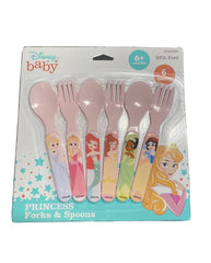 Disney Baby Princess forks and spoons set in pink for ages 6+ months.