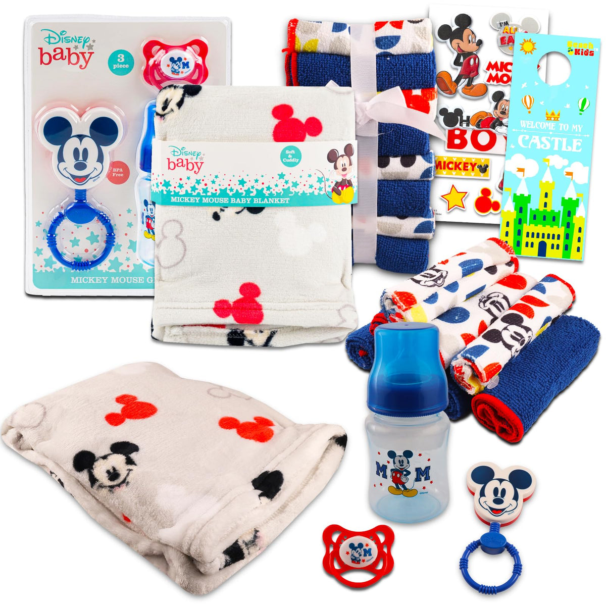 Disney Mickey Mouse hooded towel keeps baby warm after bath.