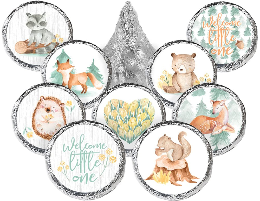 Distinctivs Woodland Baby Shower Sticker with watercolor forest creatures for sealing favors