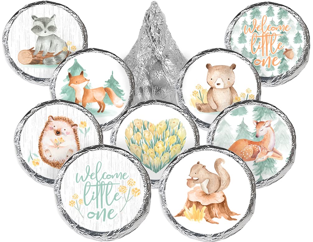 Distinctivs Woodland Baby Shower Sticker with watercolor forest creatures for sealing favors