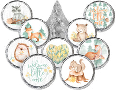 Distinctivs Woodland Baby Shower Sticker with watercolor forest creatures for sealing favors