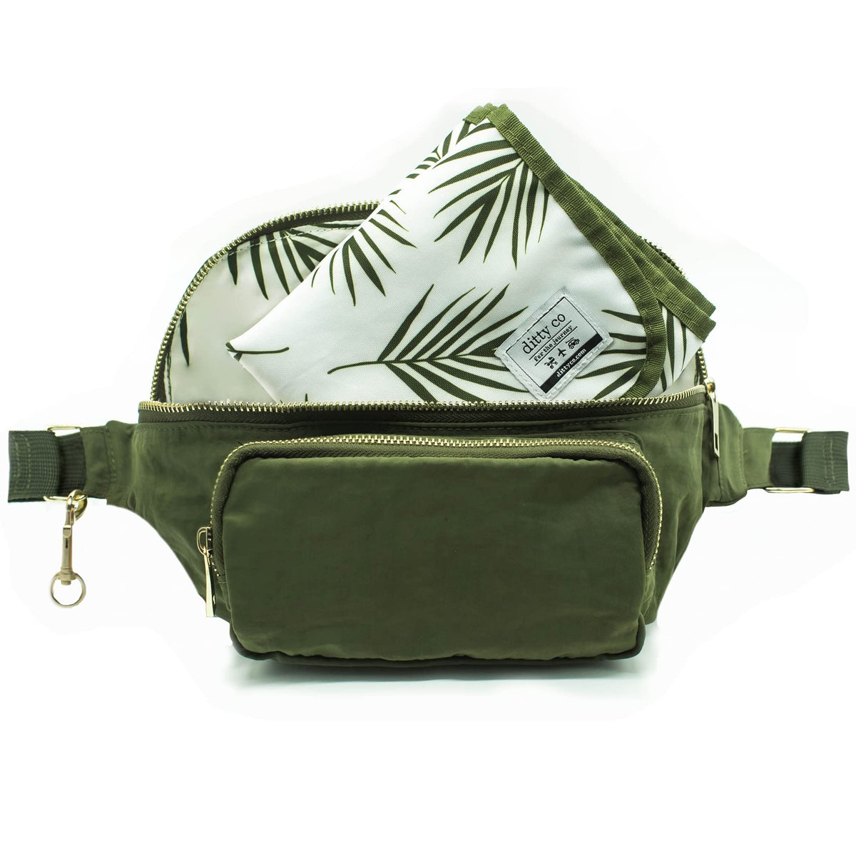 Ditty Co Lanikai small diaper bag in olive green, front view, hands-free outings.