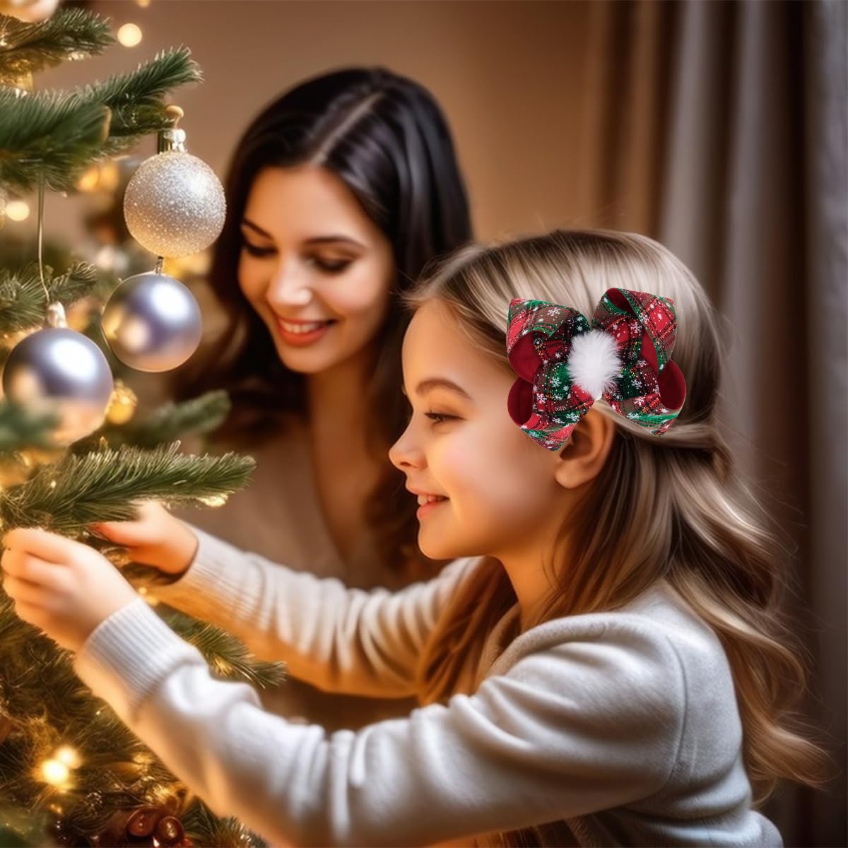 DIUEWOW Christmas hair bow closeup fabric shows rich texture and secure wear.