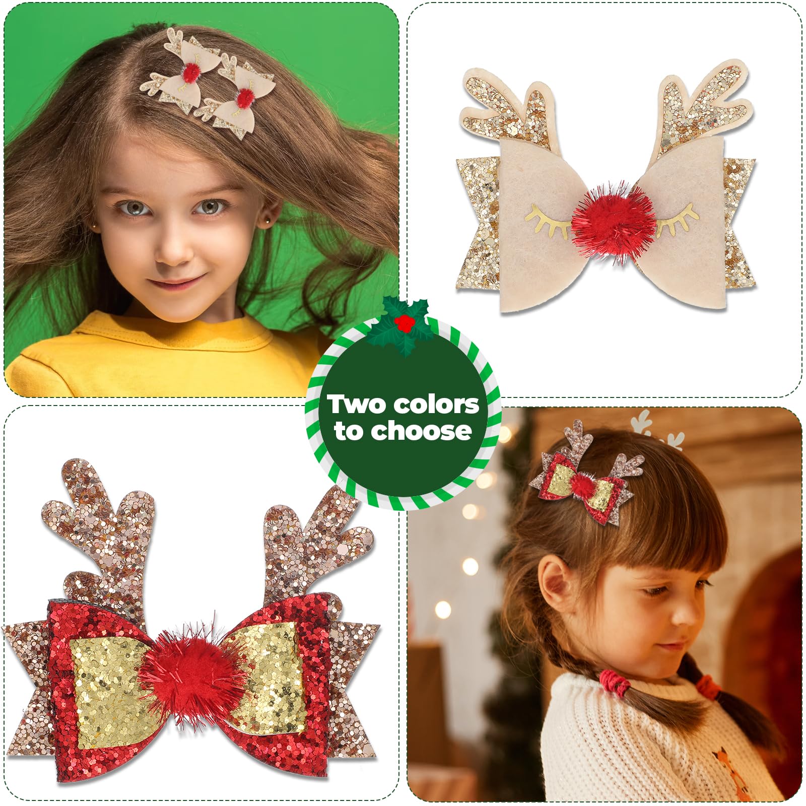 DIVINA VITAE sequin bow hair clip red highlights glittery holiday look.