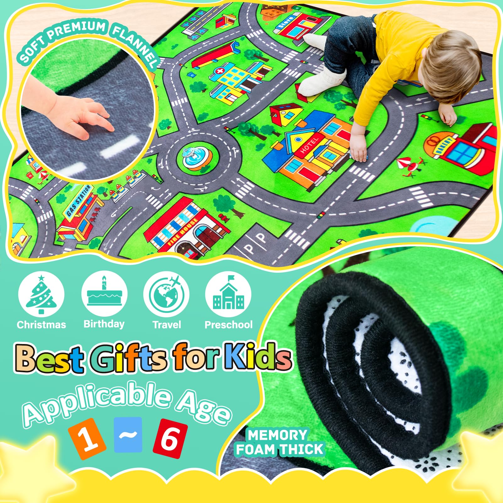 Diysani 4x6-foot play mat provides roomy space for vehicles.
