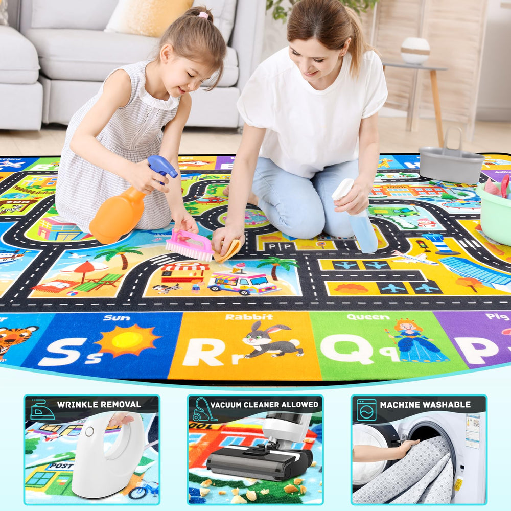 Diysani rug shows non-slip backing for safe crawling and playtime on floors.