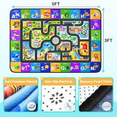 Diysani ABC kids rug highlighting soft flannel and resilient sponge for comfort.