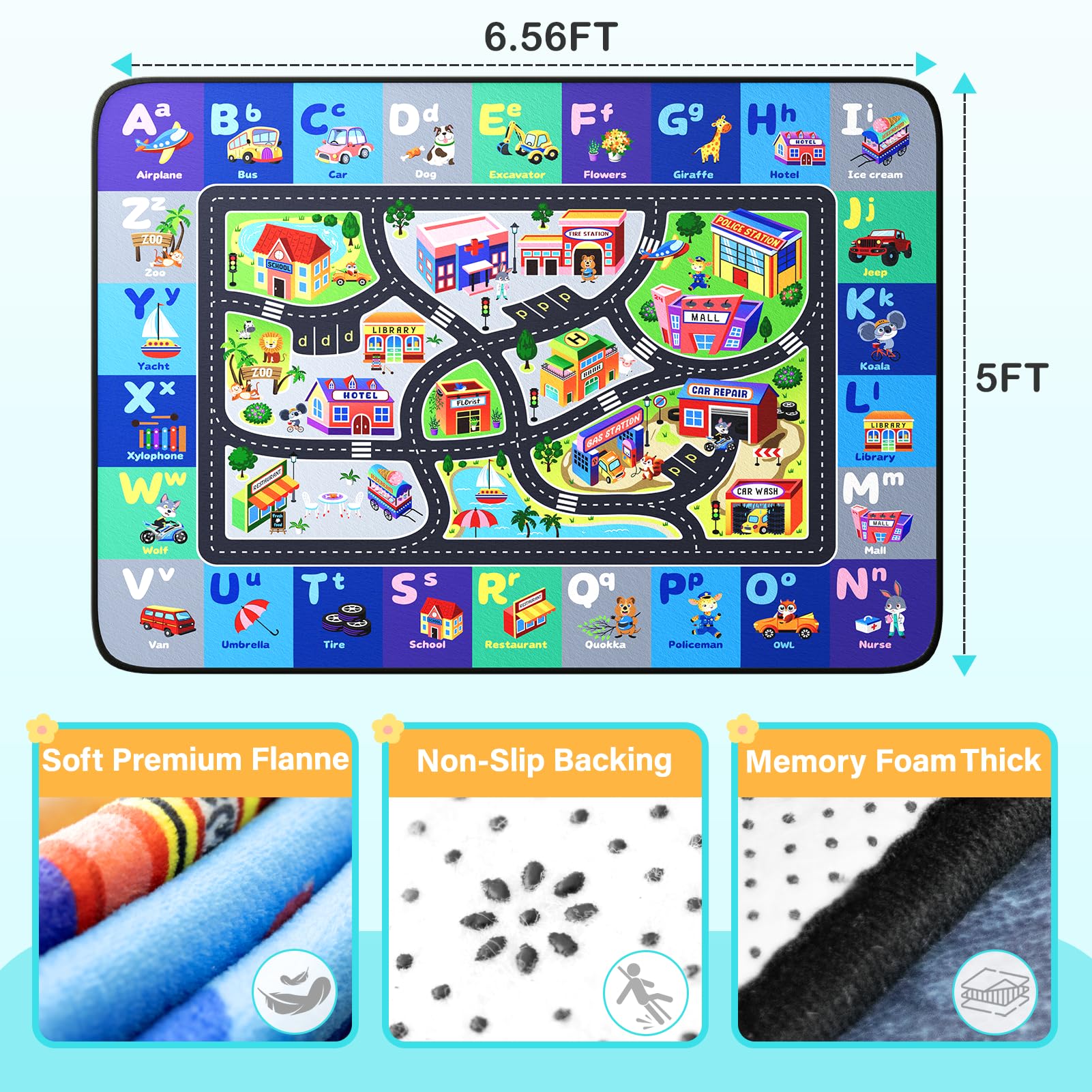 Diysani ABC Rug animal and car track visuals inspire imaginative play and exploration.