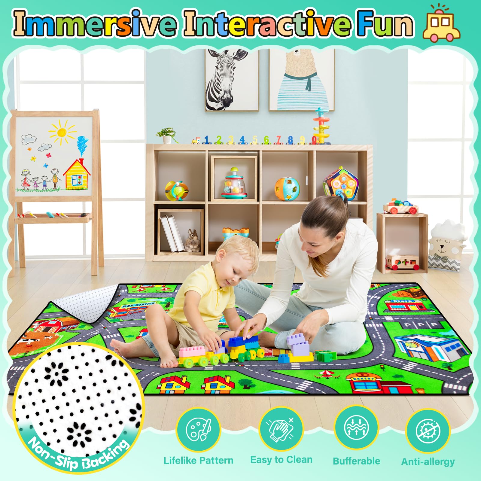 Diysani city road rug adds colorful playroom decor for kids.