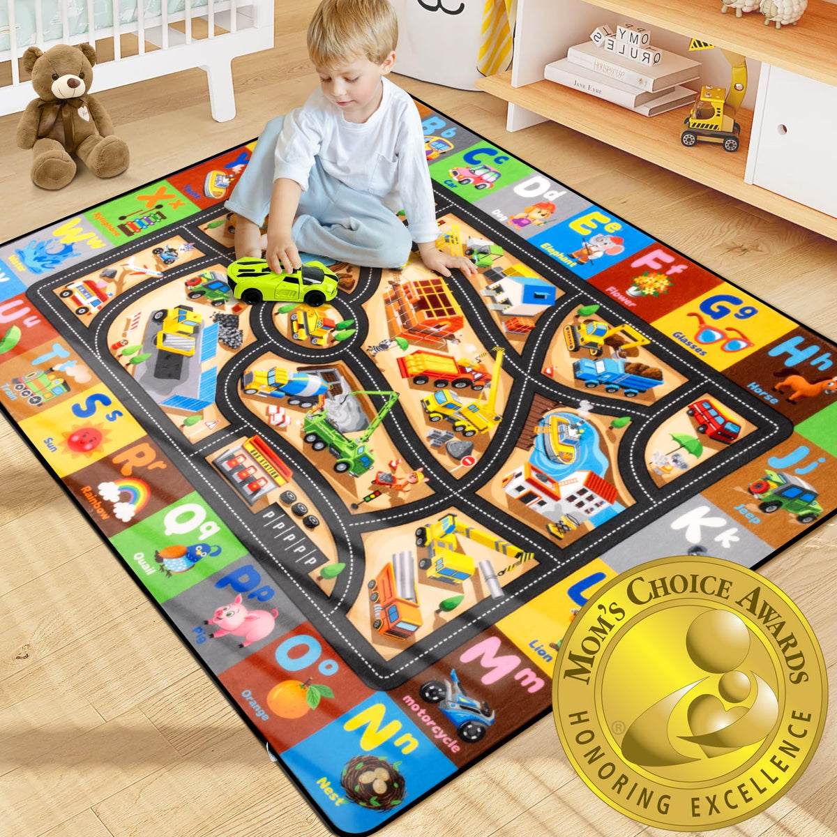 Diysani construction rug for boys room showing ABC letters and vehicle-themed layout for learning.
