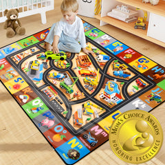 Diysani construction rug for boys room showing ABC letters and vehicle-themed layout for learning.