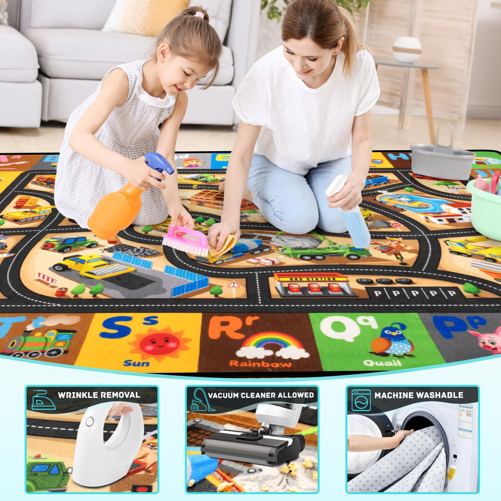 Diysani construction rug racing tracks encourages imaginative driving on a soft cushioned surface.