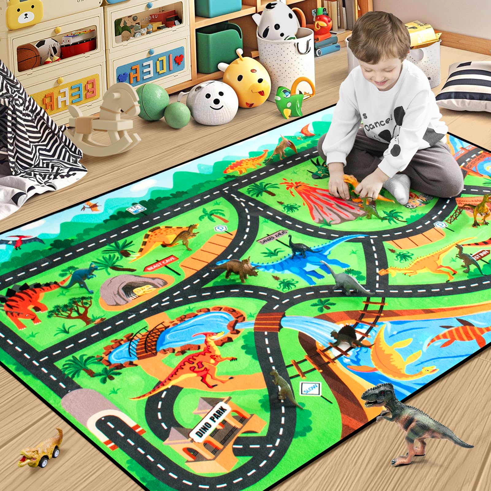 Diysani Kids Rug with dinosaur road map boosts imaginative play