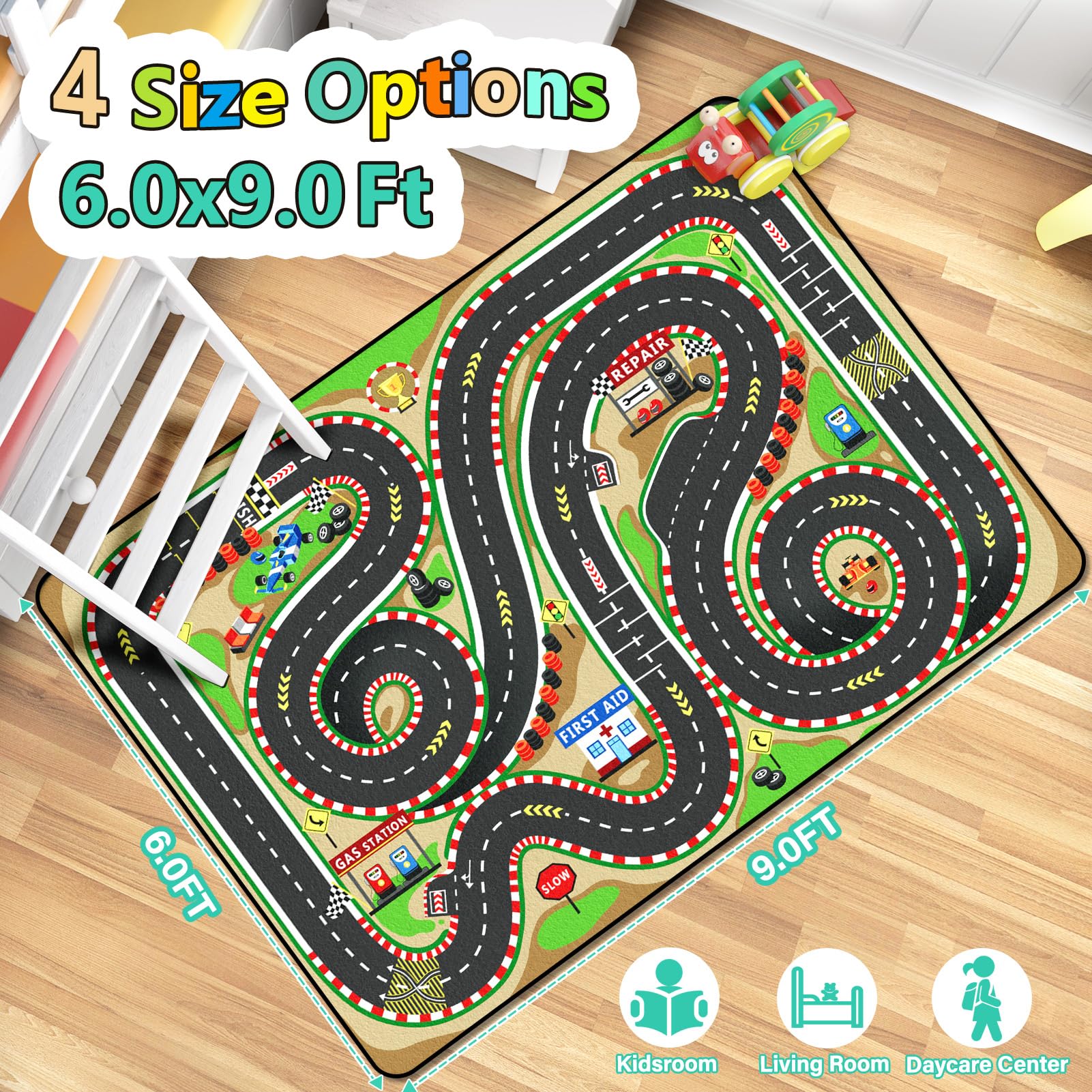 Diysani race track rug non-slip backing keeps play area stable and safe on hardwood.