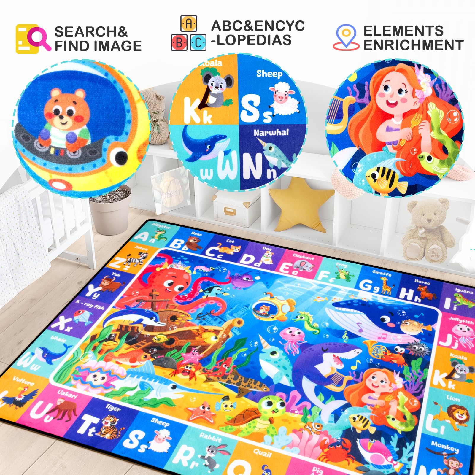 Diysani Ocean ABC Rug machine-washable material cleans up messy play quickly.