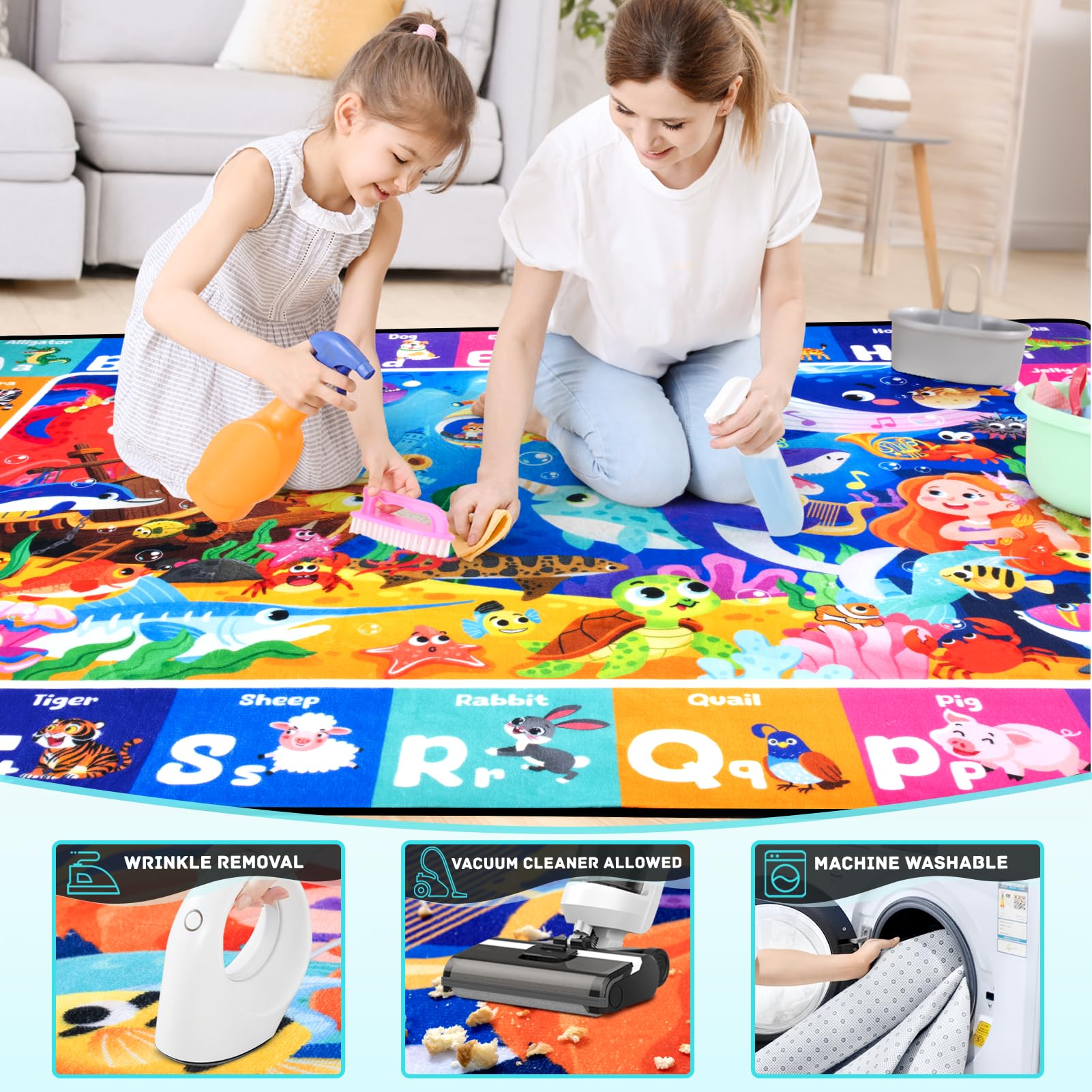 Diysani Ocean ABC Rug non-slip backing keeps toddlers safe during crawls.