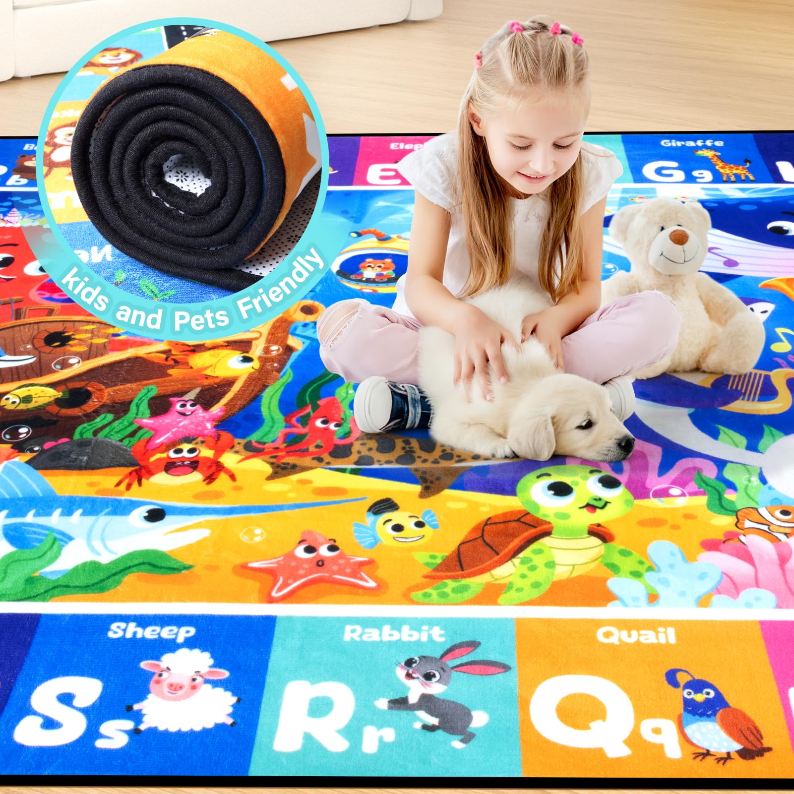 Diysani Ocean ABC Rug washable surface simplifies cleanup after messy play.