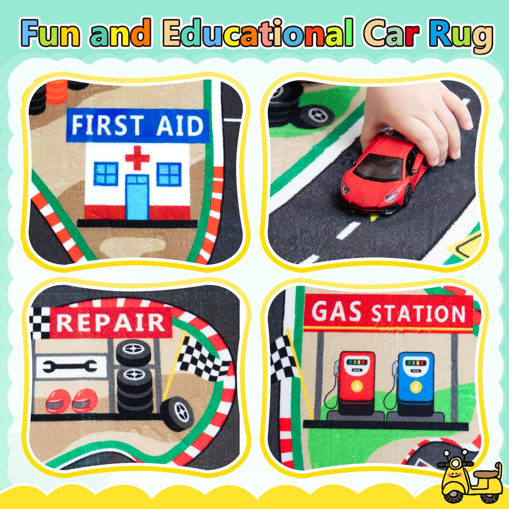 Diysani play mat non-slip backing keeps cars and toys in place.