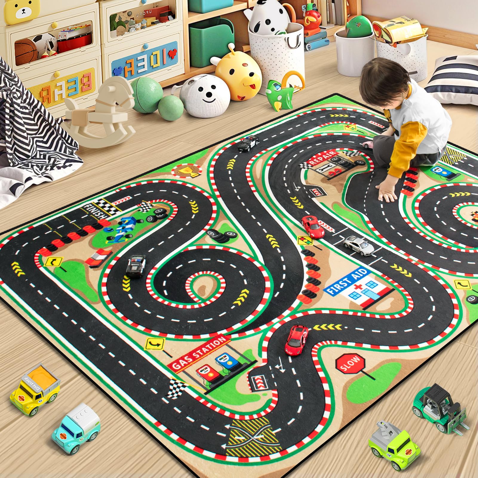 Diysani race track rug start and finish markers for home pretend car races.