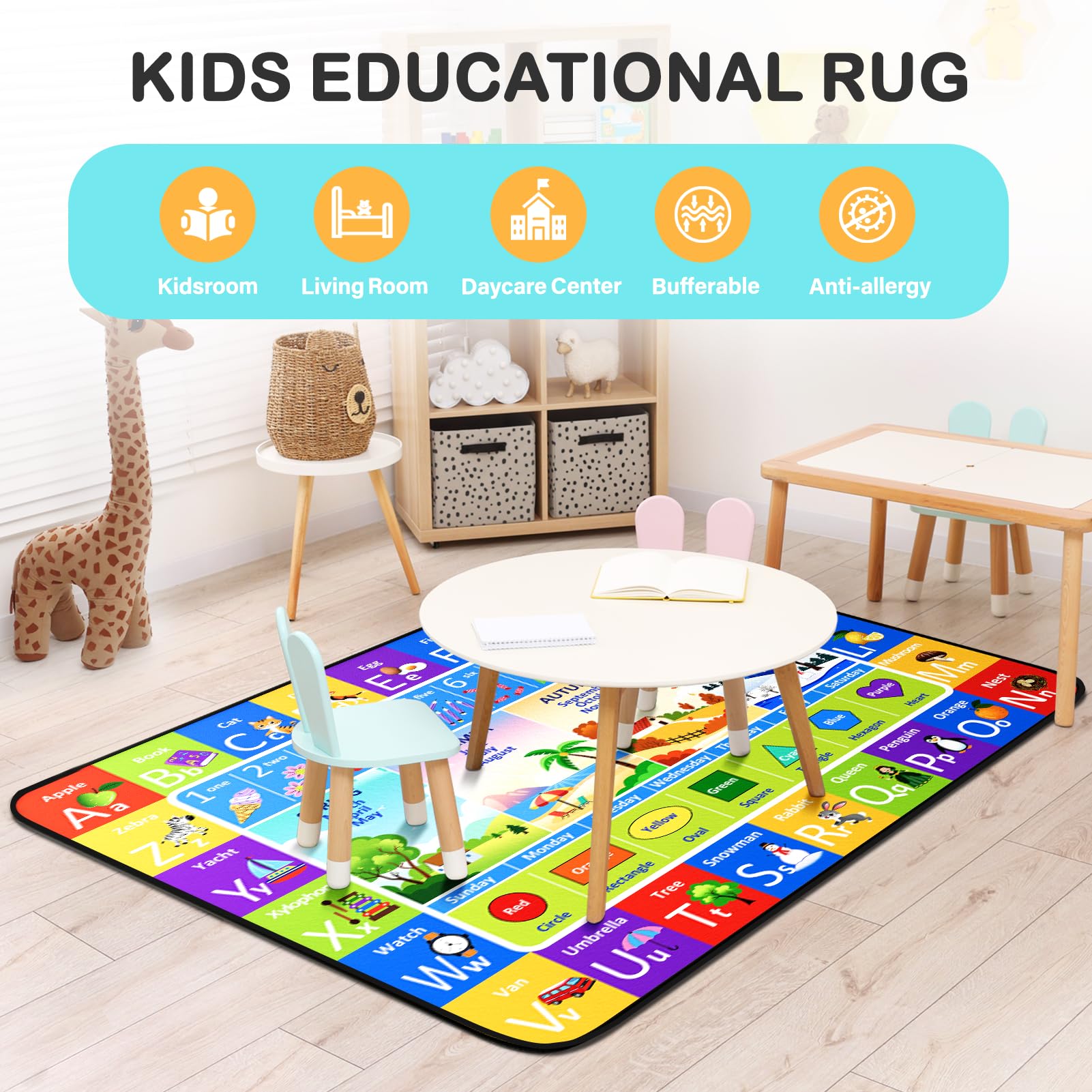 Diysani Rug stitched-edge detail enhances durability for everyday floor games
